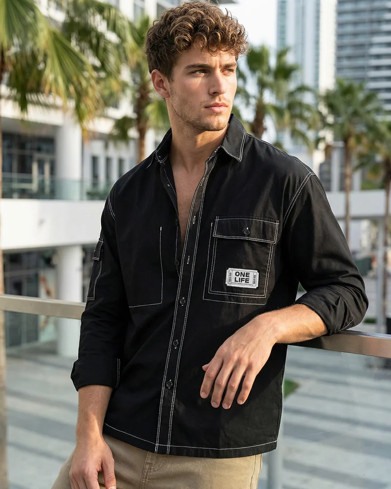 بيواكوف Men's Jet Black Oversized Shirt